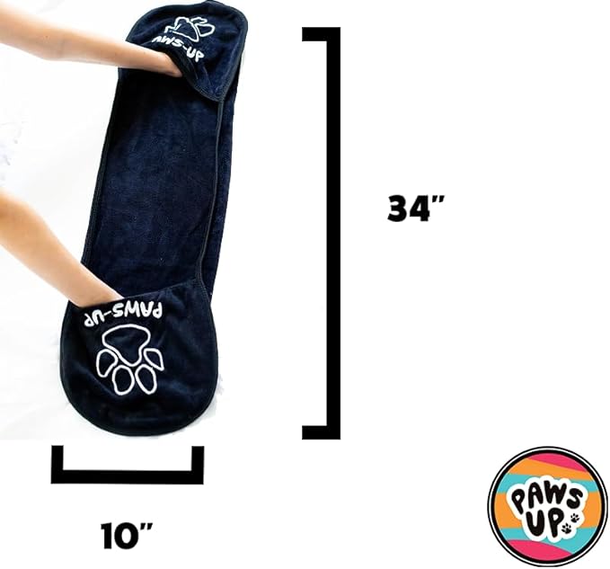 XL Paw Cleaning Towel for Dogs removes mud Dirt Grass Sand allergens Machine Washable Microfiber Also Great for a Quick Dry Puppy Bath Towel with Two Hand Pockets. 34” X 10” XL (Black)