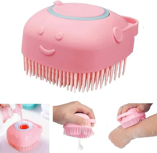 S.K PRODUCTION Pet Grooming Bath Massage Brush Scrubber with Shampoo and Soap Despenser Soft Silicone Bristle for Long Short Haired Cats Dogs Shower (Pink)