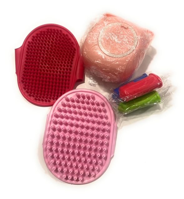 Dog Bath Brush Kit with Adjustable Ring Handle, Short and Long Hair Brushes (Pink/Red)