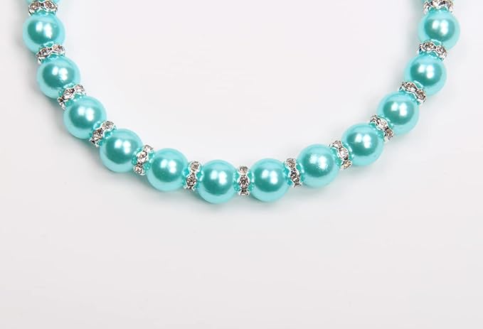 Dog Cat Pearls Necklace Collar with Bling Accessories and Ribbon Bow Pet Puppy Jewelry for Female Dogs Cats Small Medium (L, Blue)