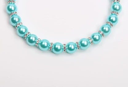 Dog Cat Pearls Necklace Collar with Bling Accessories and Ribbon Bow Pet Puppy Jewelry for Female Dogs Cats Small Medium (L, Blue)
