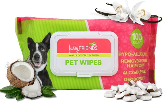 FurryFriends Pet Wipes | Vanilla Coconut Scented | Hypo-allergenic | Alcohol Free| Deodorizing | Removes Loose Hair & Dirt | Incredibly Clean | 100 ct. 1 Pack