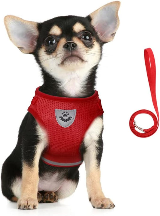 FEimaX Dog Harness and Leash Set for Walking, Soft Mesh Adjustable Easy Control Lightweight Cat Vest Harnesses with Reflective Strips, Escape Proof Small Dogs Cats Vests (Red, X-Small)