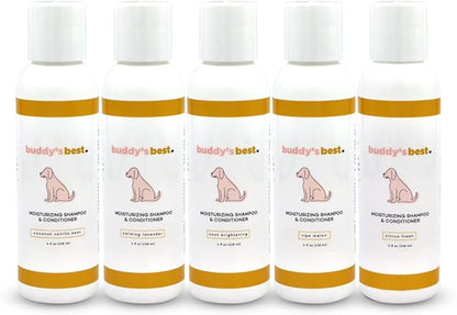 Buddy’s Best 4oz Travel-Size Dog Shampoo and Conditioner with Shea Butter, Oatmeal, Biotin, and Aloe Vera, Alcohol-Free Deep Moisturizer for Dry, Itchy Skin and Coats (Coat Brightening)