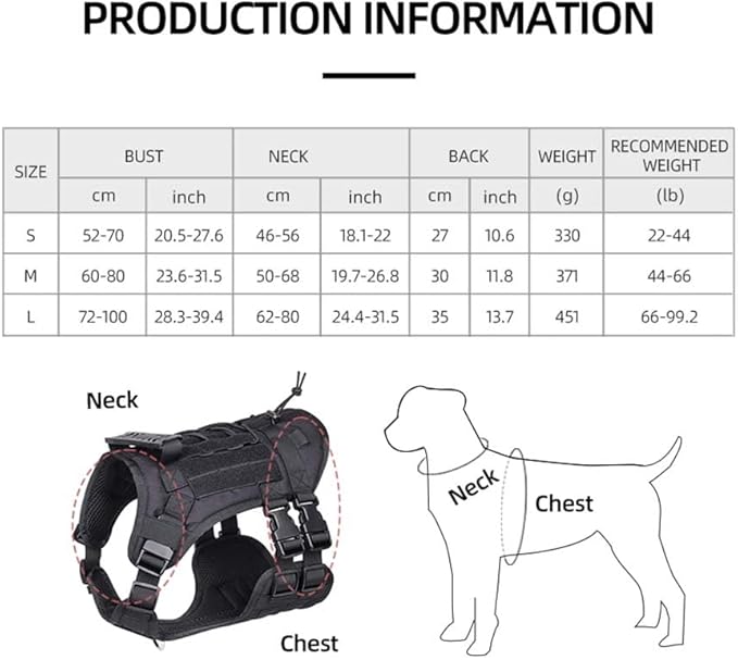 Tactical Harness for Large Dogs, Heavy Duty No Pull Dog Harness with Handle, Adjustable Size with Leash Clips, Suitable for Training, Walking, Hiking （Black，L）