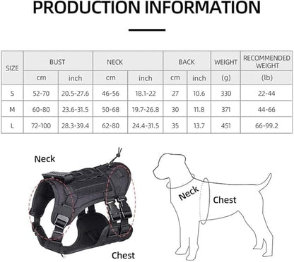 Tactical Harness for Large Dogs, Heavy Duty No Pull Dog Harness with Handle, Adjustable Size with Leash Clips, Suitable for Training, Walking, Hiking （Black，L）