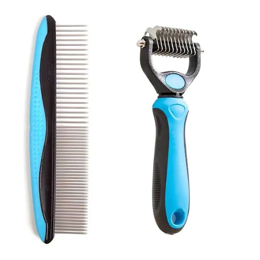 Pet Dematting Tool 2 Pack Double Sided Undercoat Rake & Dematting Comb for Cats and Dogs for Detangling Matted or Knotted Undercoat Hair (Blue & Black, Small)