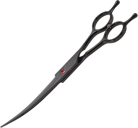Dog Grooming Scissors, with Ergonomic Handle, Pill Popper for Cats, Upper Bend Shears, Stainless Steel Curved Shears for Dogs Cats, Black, 7.5inch