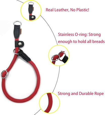 Braided Rope Collar, Training Dog Collar, Round Martingale Collar, Slip Collar with Adjustable Stopper and Slidable Stop Ring - Ideal for Small Dogs (S(1/4") - 14" Long, Red)
