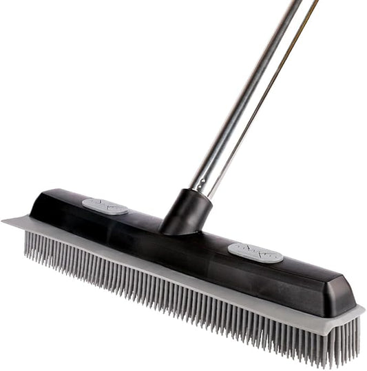 Pet Hair Rubber Broom with Carpet Rake and Squeegee, 2 in 1 Floor Brush for Carpet, 58 inch Adjustable Handle,Silicone Broom Black