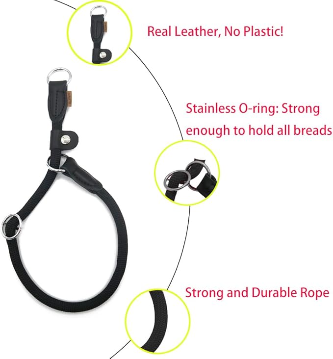 Braided Rope Collar, Training Dog Collar, Round Martingale Collar, Slip Collar with Adjustable Stopper and Slidable Stop Ring - Ideal for Small Dogs (S(1/4") - 14" Long, Black)