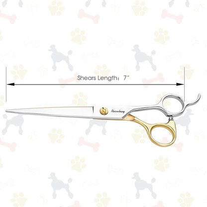Dog Cat Scissors for Grooming, Pet Shears for Thick Coats and Matted Hair, Thinner Curved Straight Chunker Stainless Steel Shears (7.0" Straight Gold-Silver)
