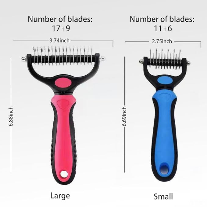 Pet Dematting Tool 2 Pack Double Sided Undercoat Rake & Dematting Comb for Cats and Dogs for Detangling Matted or Knotted Undercoat Hair (Pink & Black, Large)