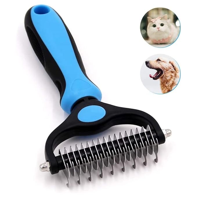 Pet Grooming Brush and Dematting Tool for Detangling Loose Haired and Undercoat, Helps Reduce Tangles and Mats in Long Fur, Gentle and Stress Free (Blue)