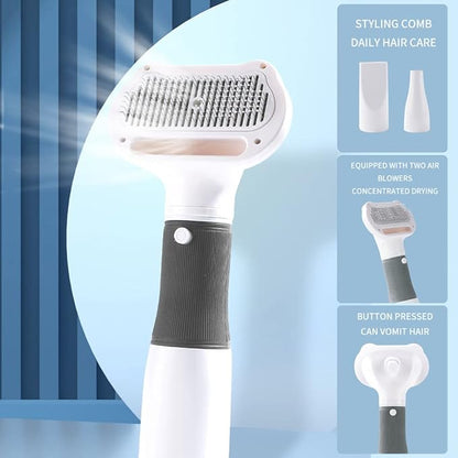 3 in 1 Professional Pet Grooming Dryer with Slicker Brush - Adjustable 3 Temperature Settings for Dogs and Cats (Grey)