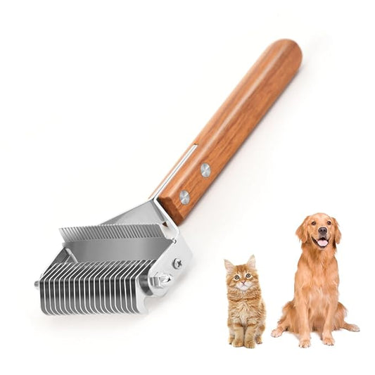 WePet 2-in-1 Dematting Comb & Shedding Brush, Undercoat Rake Grooming Tool with Wooden Handle for Dogs & Cats - Easily Removes Mats, Tangles, and Loose Hair