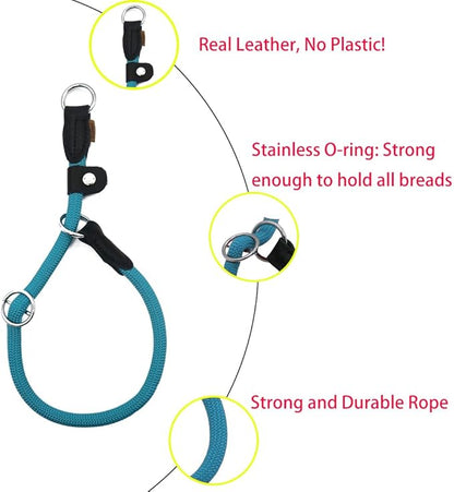 Braided Rope Collar, Training Dog Collar, Round Martingale Collar, Slip Collar with Adjustable Stopper and Slidable Stop Ring - Ideal for Small Dogs (S(1/4") - 14" Long, Light Blue)