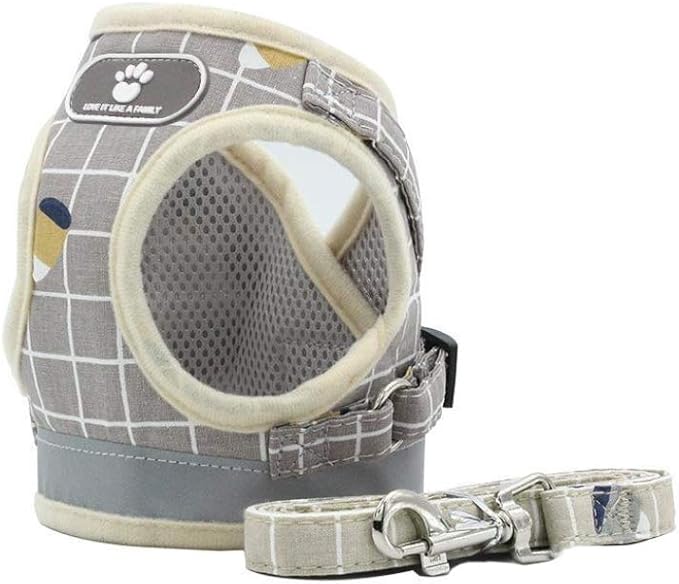 FEimaX Soft Mesh Dog Harness and Leash Set for Walking, No Pull Adjustable Reflective Puppy Step-in Vest Harness for Puppy Small Medium Dogs & Cats (L (Chest 16.1-18.1''/41-46CM), Plaid Khaki)
