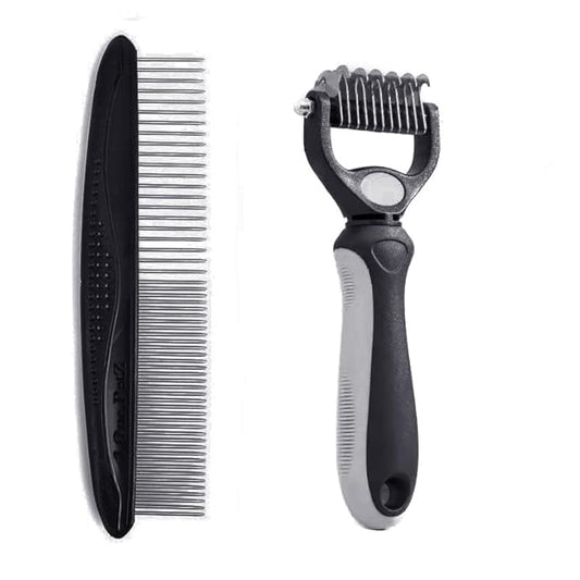 Pet Dematting Tool 2 Pack Double Sided Undercoat Rake & Dematting Comb for Cats and Dogs for Detangling Matted or Knotted Undercoat Hair (Gray & Black, Small)