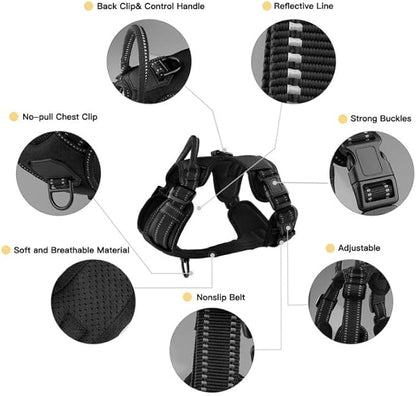 No Pull Dog Harness, Pet Walking Harness with 2 Metal Rings and Adjustable Handle, Reflective, Breathable; Soft Oxford Easy Control Dog Vest with Front Clip for Medium Dogs, Black