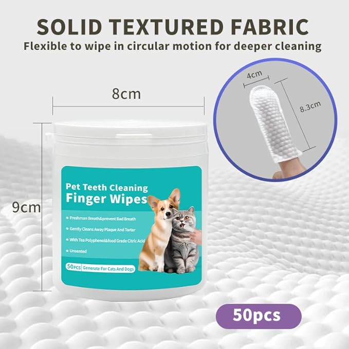 coldchill Pet Teeth Cleaning Finger Wipes, Remove Bad Breath by Removing Plaque and Tartar Buildup, No-Rinse Dogs & Cats Finger Toothbrush, Disposable Gentle Cleaning Care Pet Wipes, 50 Counts