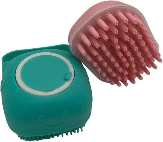 Dog Bath Brush - Pet Grooming Brush with Soap Dispenser - Soft Silicone Dog Shampoo Brush Scrubber - Short Long Haired Dogs and Cats Washing - PINK & GREEN 2 Count