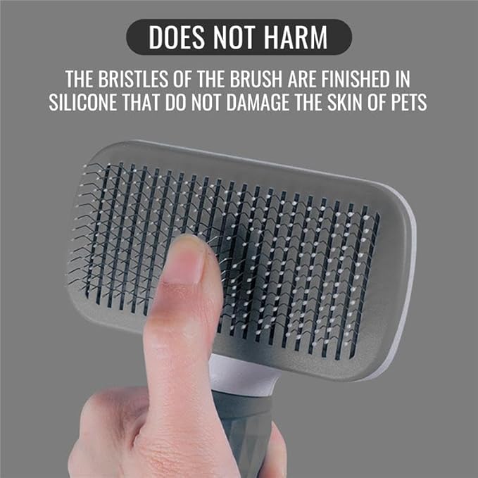 Pet Grooming Brush, Gray - Self Cleaning Dematting Comb for Cats and Dogs, Bristles with Massage Particles, Ergonomic Handle Design, Easy to Use, for Long or Short Hair Breeds, Stainless Steel