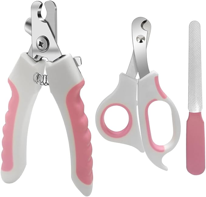 Pet Nail Clippers and Trimmers Set Safety Guard to Avoid Over Cutting Razor Sharp Blades Grooming Tool for All Small Large Dog Cat (Pink)