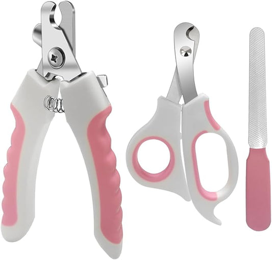 Pet Nail Clippers and Trimmers Set Safety Guard to Avoid Over Cutting Razor Sharp Blades Grooming Tool for All Small Large Dog Cat (Pink)