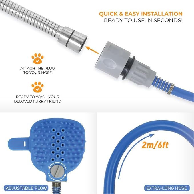 FurfectPet Pet Shower Hose Attachment-Soothing Massage Soft Silicone Bristles for Long Short Haired Dogs & Cats Washing - Pet Grooming - With Hose and Shower Attachment