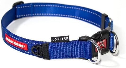 EzyDog Double Up Premium Nylon Dog Collar with Reflective Stitching - Double D-Rings for Superior Strength, Safety, and Comfortability - Non-Rusting and Includes an ID Attachment (Small, Blue)