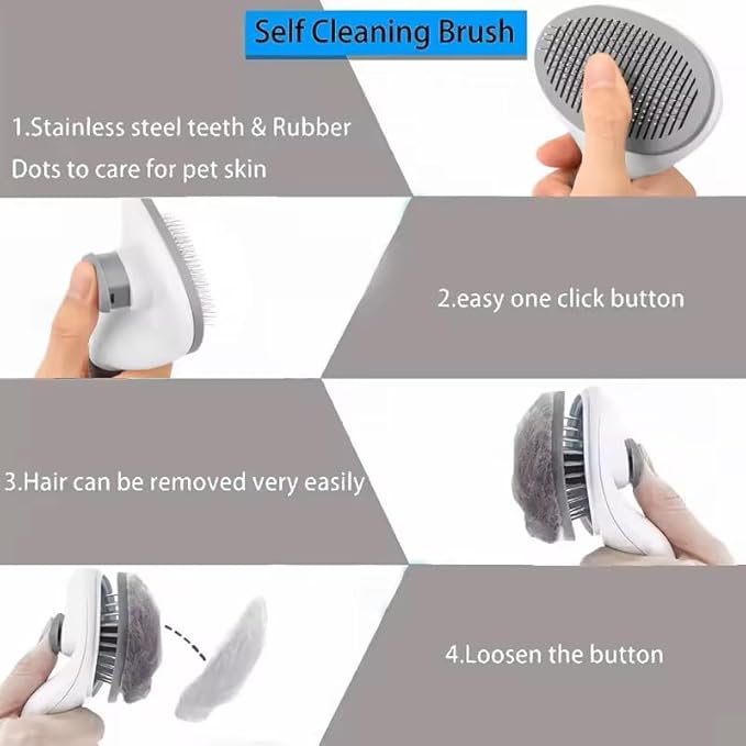 Pet Grooming Brush, Gray - Self Cleaning Dematting Comb for Cats and Dogs, Bristles with Massage Particles, Ergonomic Handle Design, Easy to Use, for Long or Short Hair Breeds, Stainless Steel