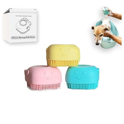 Silicone Pet Bath Brush with Shampoo Dispenser - For Dogs, Cats, and Puppies - Aquamarine Color