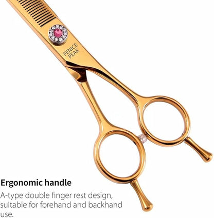 Fenice Peak Professional Dog Grooming Scissors Pet Curved Thinning Shears 7.0'' Extremely Sharp Blades 440C Steel Thinning Scissors Durable Smooth Motion & Fine Cut for Dogs and Cats(Gold)