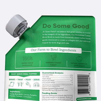 Open Farm Bone Broth, Food Topper for Both Dogs and Cats with Responsibly Sourced Meat and Superfoods Without Artificial Flavors or Preservatives, 72oz (6 Pack Homestead Turkey)