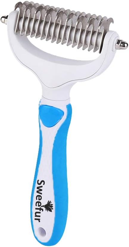 Pet Grooming Comb- 2 Sided Undercoat rake for Dogs & Cats- Professional Teeth pet Brush for Shedding and Remove mats & tangles- Grooming rake Tool for All pet Sizes- Blue