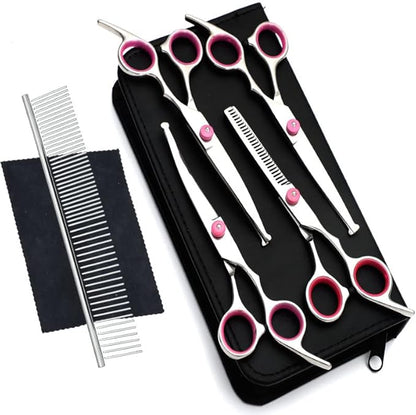 YL TRD Dog Grooming Scissors Kit Hair Cutting Set, 5Pcs Pet trimmer kit, Dog Shears for Grooming, Thinning Shears, Curved Scissors, Grooming Comb for Dogs Rabbits Cats Grooming Tools (Round headed)