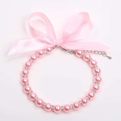 Dog Cat Pearls Necklace Collar with Bling Accessories and Ribbon Bow Pet Puppy Jewelry for Female Dogs Cats Small Medium (M, Pink)
