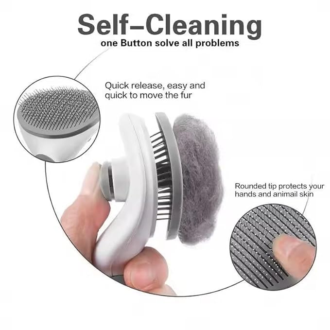 Pet Grooming Brush, Gray - Self Cleaning Dematting Comb for Cats and Dogs, Bristles with Massage Particles, Ergonomic Handle Design, Easy to Use, for Long or Short Hair Breeds, Stainless Steel