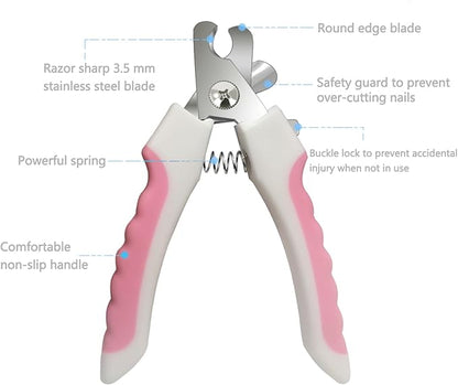 Pet Nail Clippers and Trimmers Set Safety Guard to Avoid Over Cutting Razor Sharp Blades Grooming Tool for All Small Large Dog Cat (Pink)