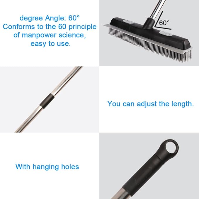 Pet Hair Rubber Broom with Carpet Rake and Pet Brush, 2 in 1 Floor Brush for Carpet, 62 inch Adjustable Handle