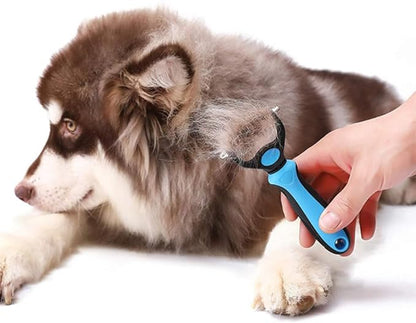Pet Dog and Cat Deshedding Brush Grooming Tool Fur Removal - Double Sided Undercoat Rake Shedding Comb Mat Remover Deshedder Safe Detangler for Matted Hair/Fur, Blue