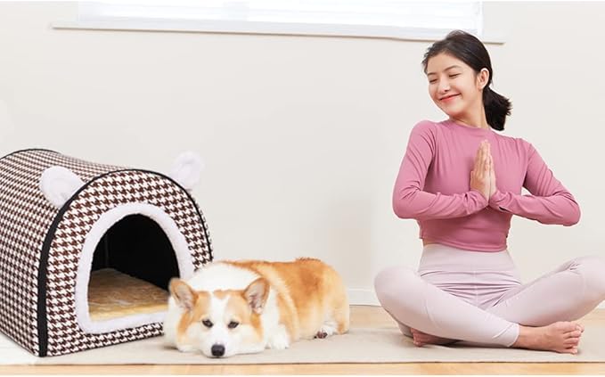 Dog Bed or Cat Bed,2 Ways to Use,Indoor Pet House with Fluffy Mat,Removable and Washable Cover,Non-Slip Bottom,for Medium Dogs and Cats(L Brown Cranes)