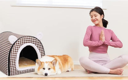 Dog Bed or Cat Bed,2 Ways to Use,Indoor Pet House with Fluffy Mat,Removable and Washable Cover,Non-Slip Bottom,for Medium Dogs and Cats(L Brown Cranes)