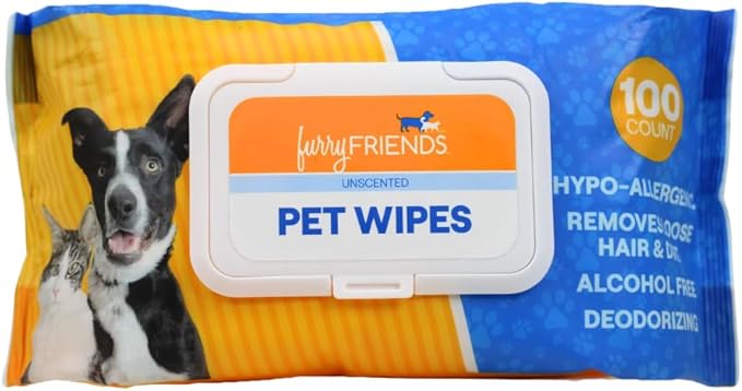 FurryFriends Pet Wipes | Unscented | Hypo-allergenic | Alcohol Free| Deodorizing | Removes Loose Hair & Dirt | Incredibly Clean | 100 ct. 1 Pack