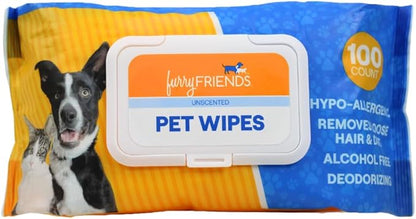 FurryFriends Pet Wipes | Unscented | Hypo-allergenic | Alcohol Free| Deodorizing | Removes Loose Hair & Dirt | Incredibly Clean | 100 ct. 1 Pack