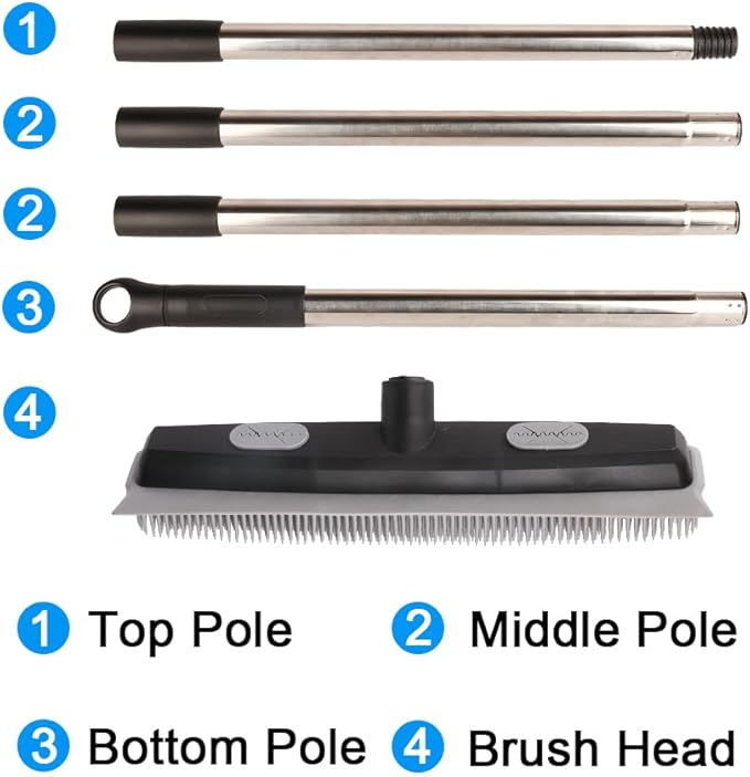 Pet Hair Rubber Broom with Carpet Rake and Squeegee, 2 in 1 Floor Brush for Carpet, 58 inch Adjustable Handle,Silicone Broom Black