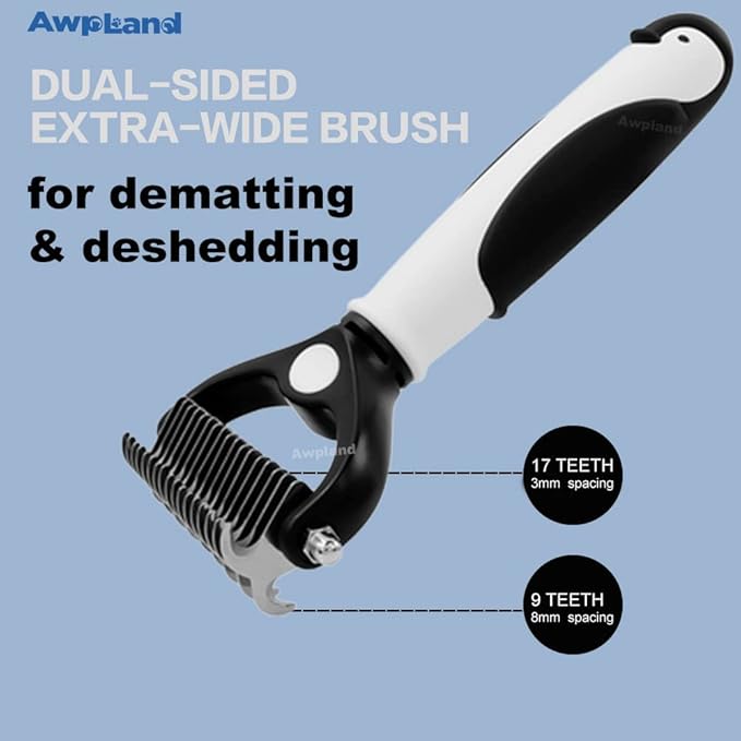 Penguin Pet Hair Brush - Double Sided Sheddind, Dematting Undercoat Rake for Dogs and Cats, 17+9 Teeth Deshedding Brush for Detangling and Dematting Long, Matted Fur on Cats and Dogs