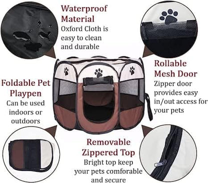 Hentay-Dog Playpen Portable Pet Play Pens for Small Dog,Cat/Rabbit/Chicks, Kitten Pen & Travel Pet Carrier + Carrying Case. (Small, Brown)