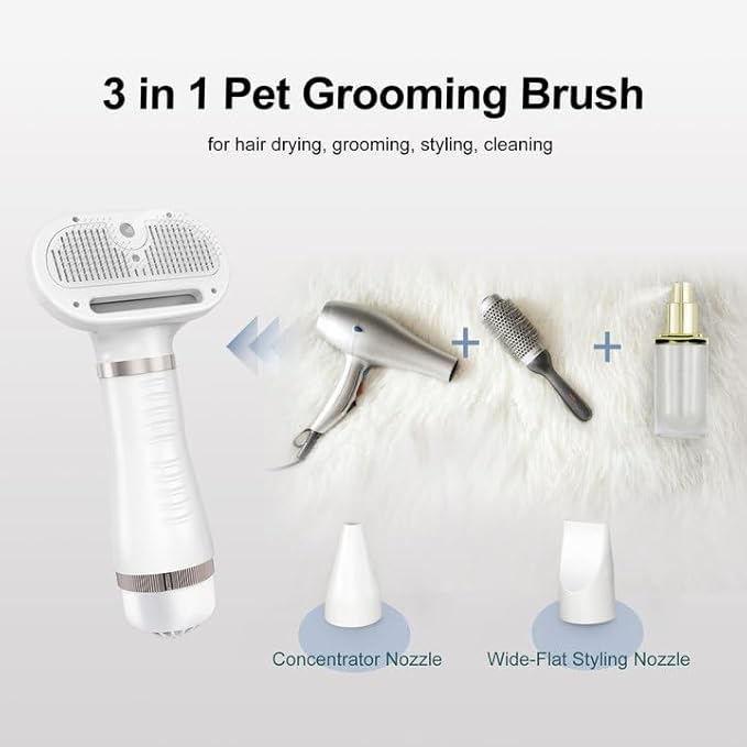 3-in-1 Pet Grooming Tool - Hair Dryer with Slicker Brush & Steam Spray, Self-Cleaning Deshedding Brush with USB Rechargeable for Dogs/Cats, Ideal for Home & Travel